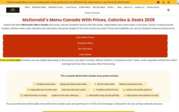 Homepage of themcdonaldsmenu.com